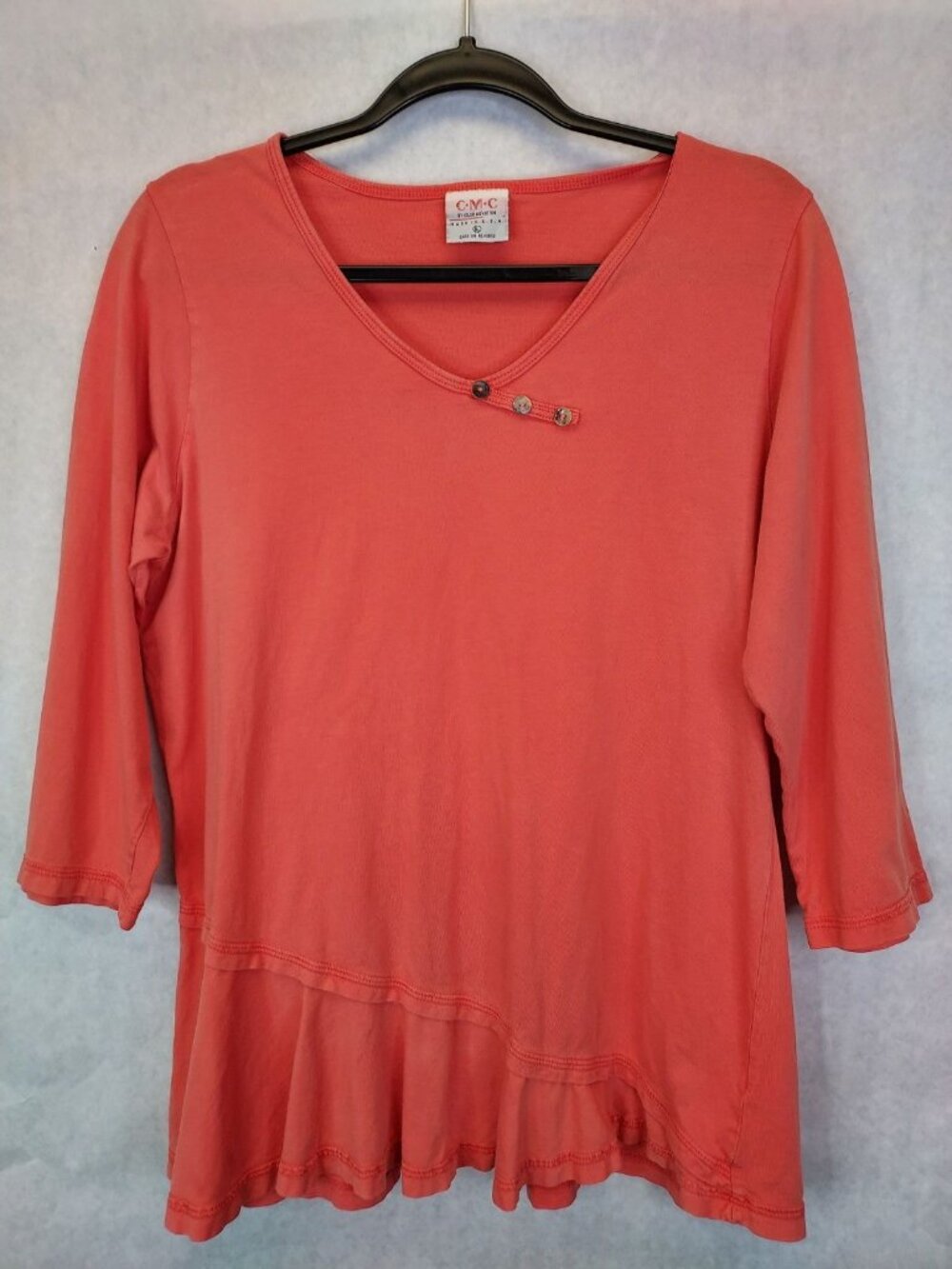 CMC Color Me Cotton V-neck Top Women's L Ruffle Hem 1/2 Sleeve Boho Nature Fairy